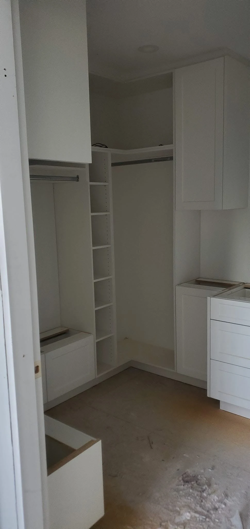 Goldstream Heights walk-in closet cabinetry in progress